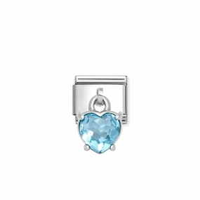 Nomination Composable Link Heart, Cut Stone Hanging Charm, Light Blue Cubic Zirconia, Silver