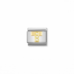Nomination Composable Link Letter T, Cubic Zirconia, 18K Gold