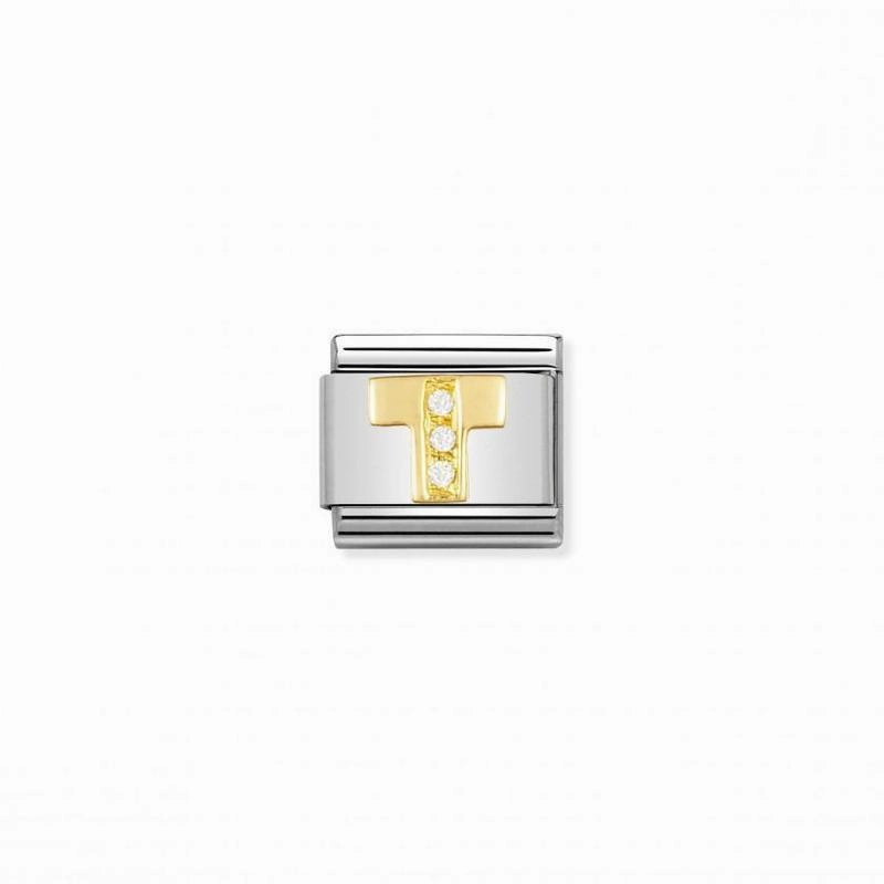 Nomination Composable Link Letter T, Cubic Zirconia, 18K Gold
