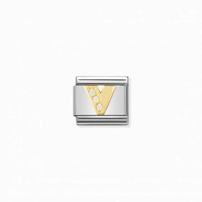 Nomination Composable Link Letter V, Cubic Zirconia, 18K Gold