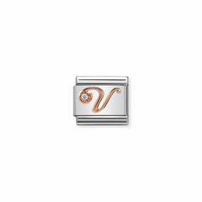 Nomination Composable Link Letter V, Cubic Zirconia, 9K Rose Gold