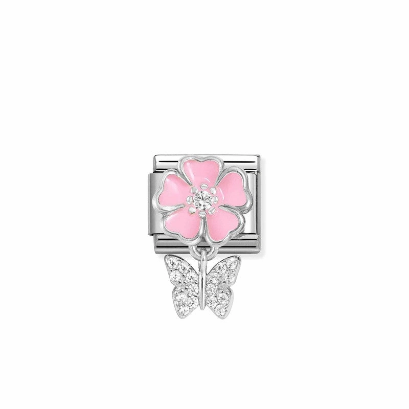 Nomination Composable Link Pink Flower, Butterfly Hanging Charm, Silver & Enamel