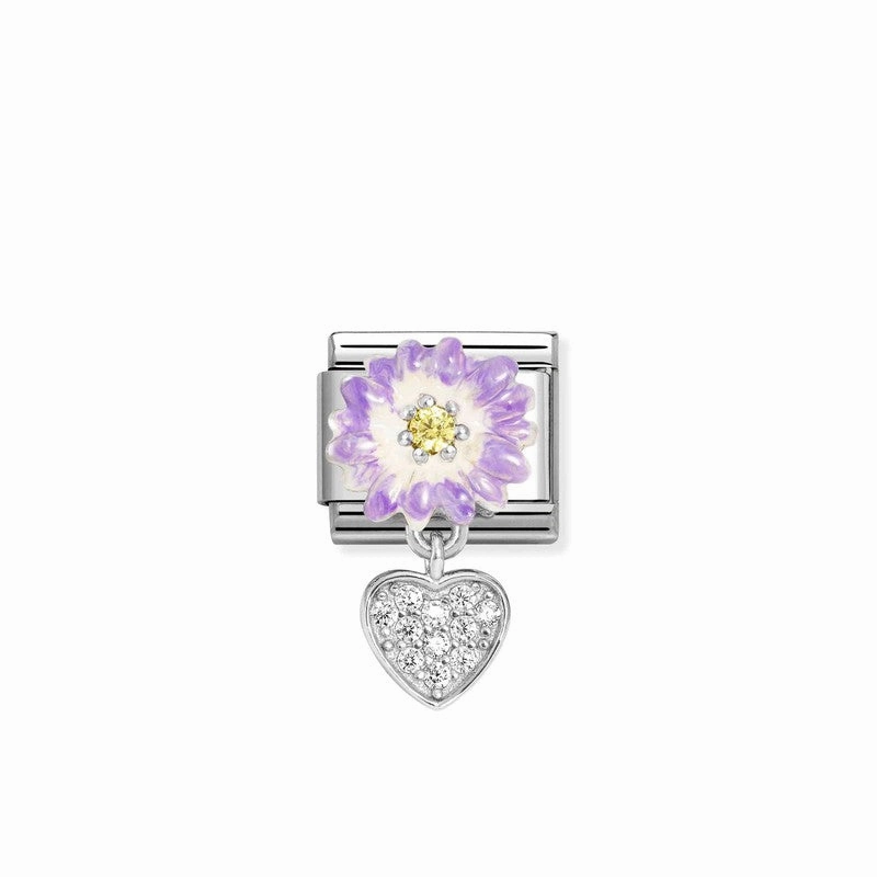 Nomination Composable Link Purple Flower, Heart Hanging Charm, Silver & Enamel