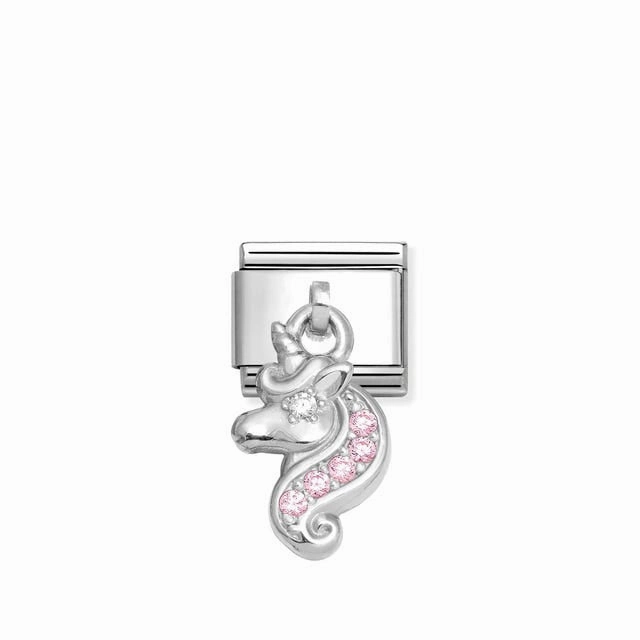 Nomination Composable Link Unicorn Hanging Charm, Pink Cubic Zirconia, Silver