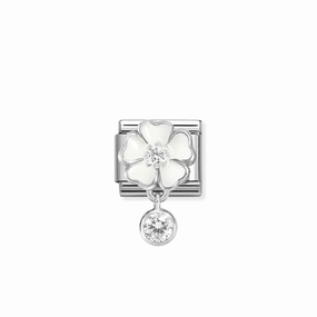 Nomination Composable Link White Flower, Round Stone Pendant, Silver & Enamel