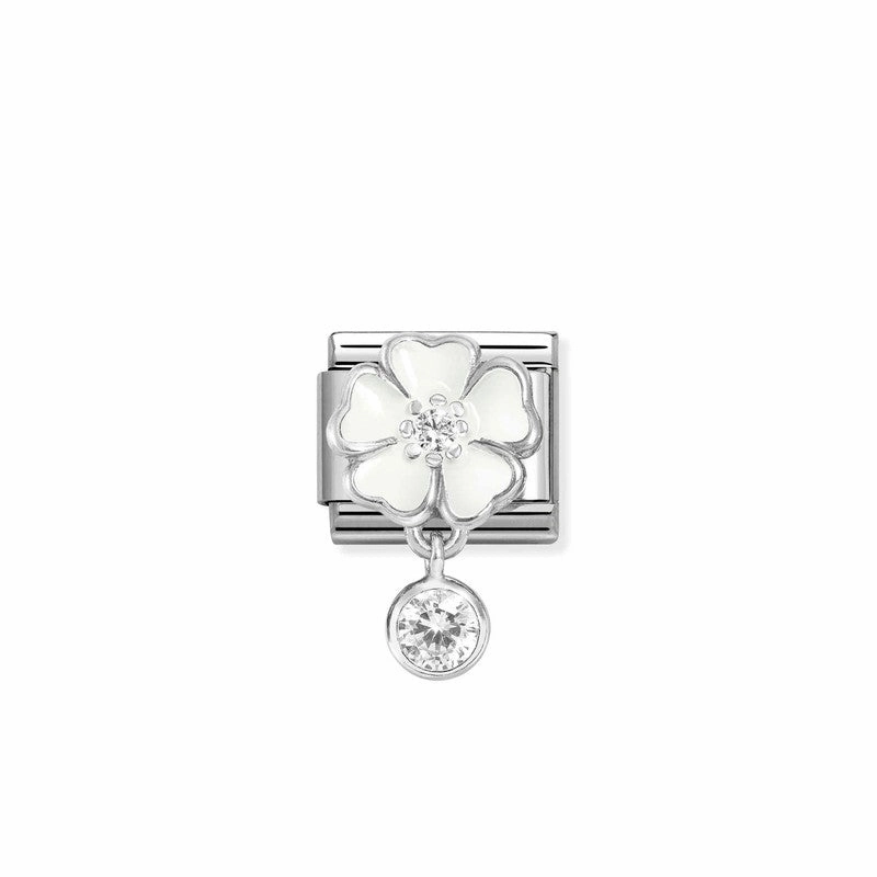 Nomination Composable Link White Flower, Round Stone Pendant, Silver & Enamel
