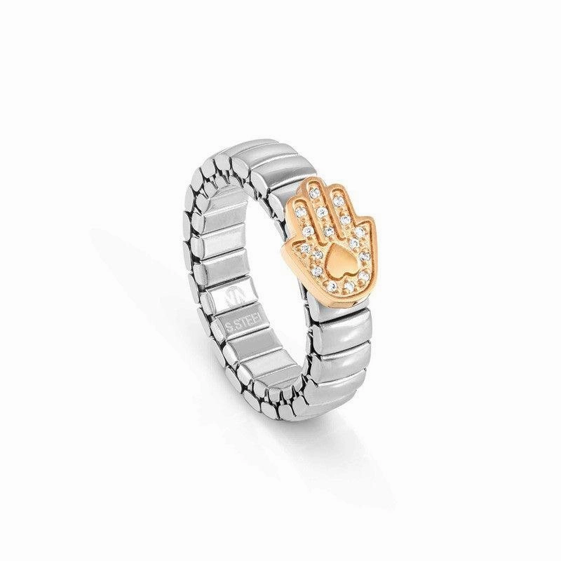 Nomination Extension Ring, Fatima Hand, Cubic Zirconia, Rose Gold PVD, Stainless Steel