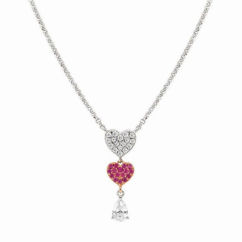 Nomination Lucentissima Necklace, Heart, Pear-Shape Pendant, Pink And White Cubic Zirconia, Silver
