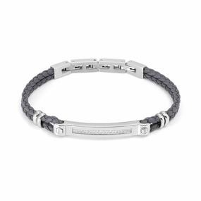 Nomination Manvision Bracelet, White Cubic Zirconia, Synthetic Leather, Grey, Stainless Steel