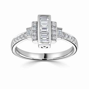 Platinum 0.46ct Emerald And Round Brilliant Cut Diamond Art Deco Style Ring
