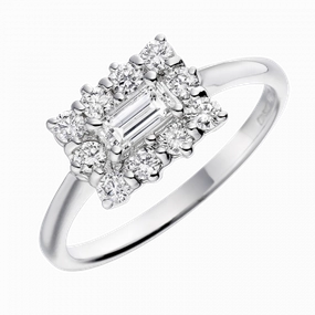 Platinum 0.50ct Emerald Cut And Round Brilliant Cut Diamond Cluster Ring