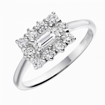 Platinum 0.50ct Emerald Cut And Round Brilliant Cut Diamond Cluster Ring