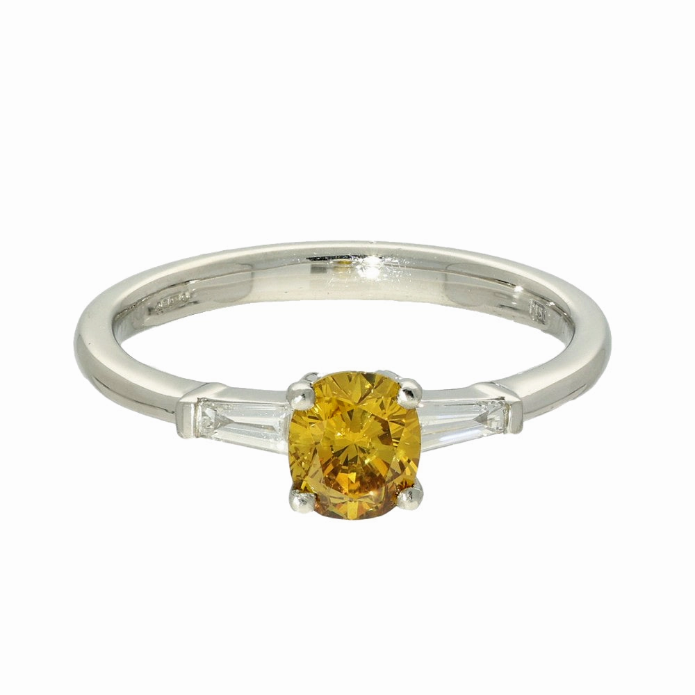 Platinum 0.54ct Natural Yellow Diamond Solitaire Ring with Baguette Shoulders
