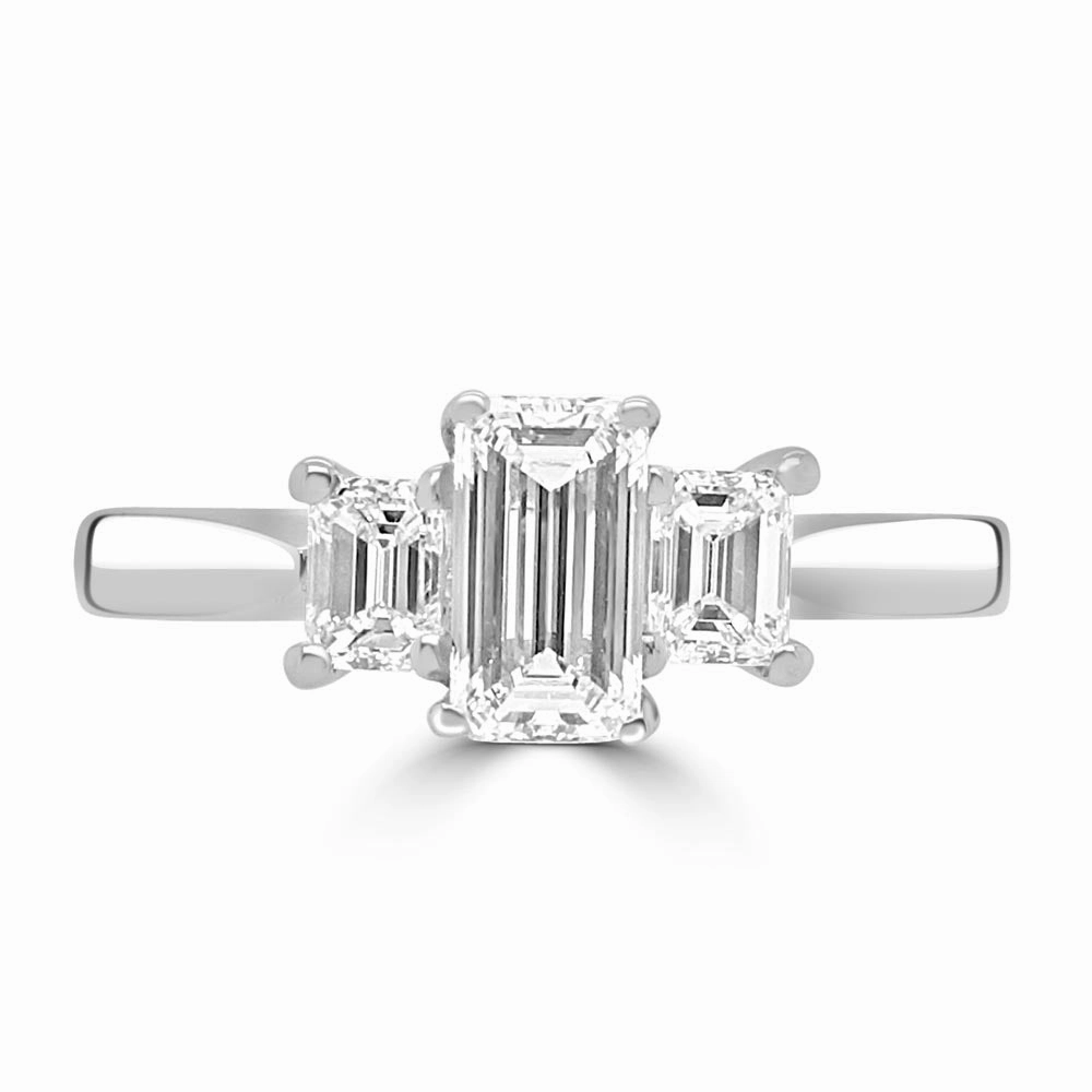 Platinum 0.87ct Emerald Cut Diamond Three Stone Engagement Ring