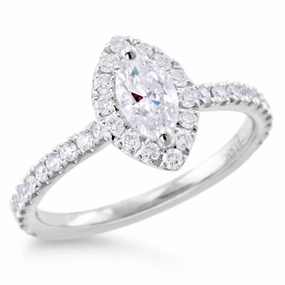 Platinum 0.89ct Marquise And Round Brilliant Cut Diamond Engagement Ring With Diamond Halo And Diamond Set Shoulders