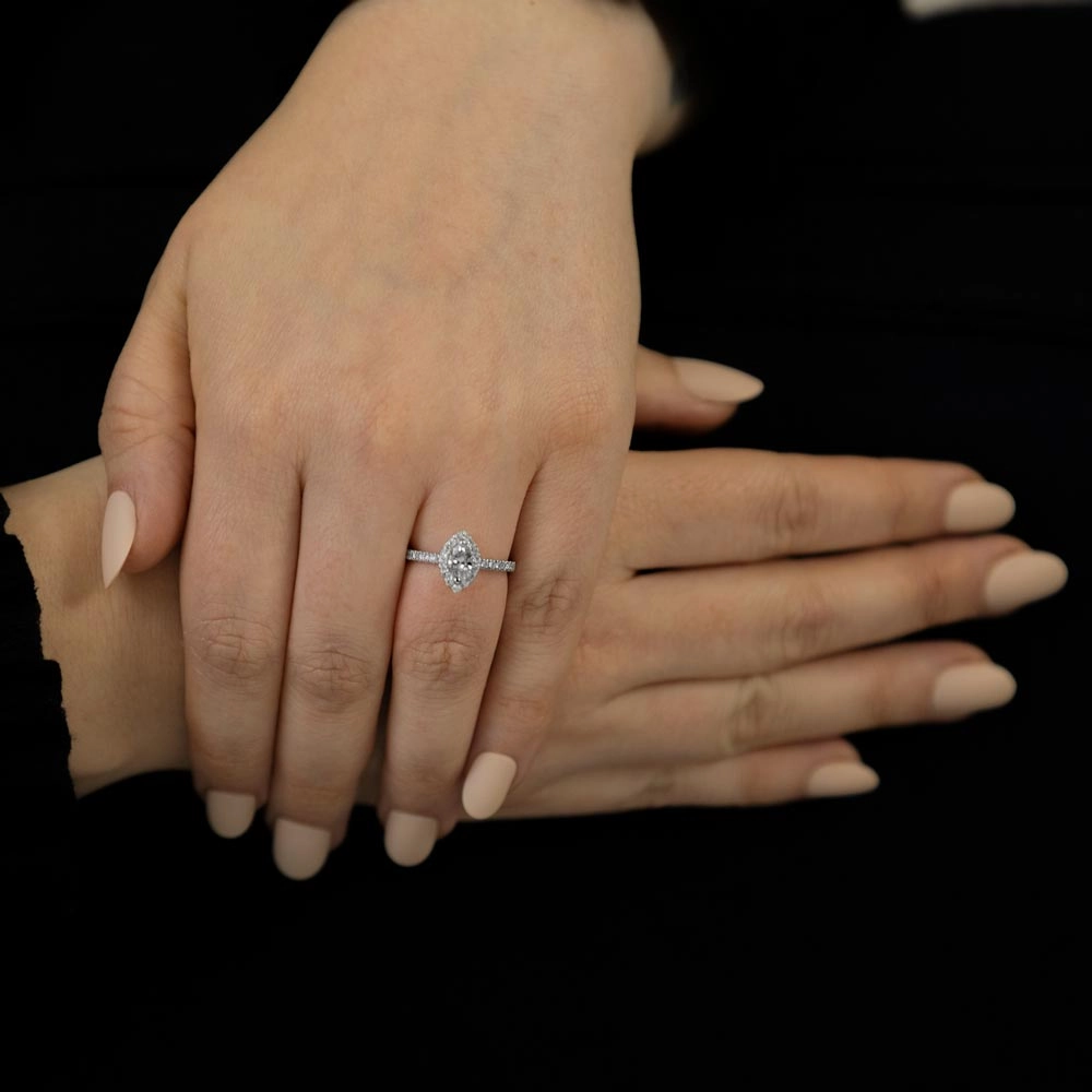 Platinum 0.89ct Marquise And Round Brilliant Cut Diamond Engagement Ring With Diamond Halo And Diamond Set Shoulders