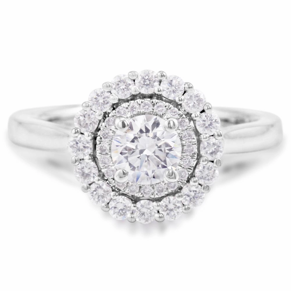 Platinum 0.93ct Round Brilliant Cut Diamond Engagement Ring With Double Diamond Halo