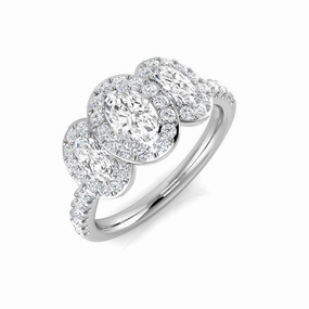 Platinum 1.30ct Oval Cut Diamond Three Stone Ring With Diamond Halo And Diamond Set Shoulders