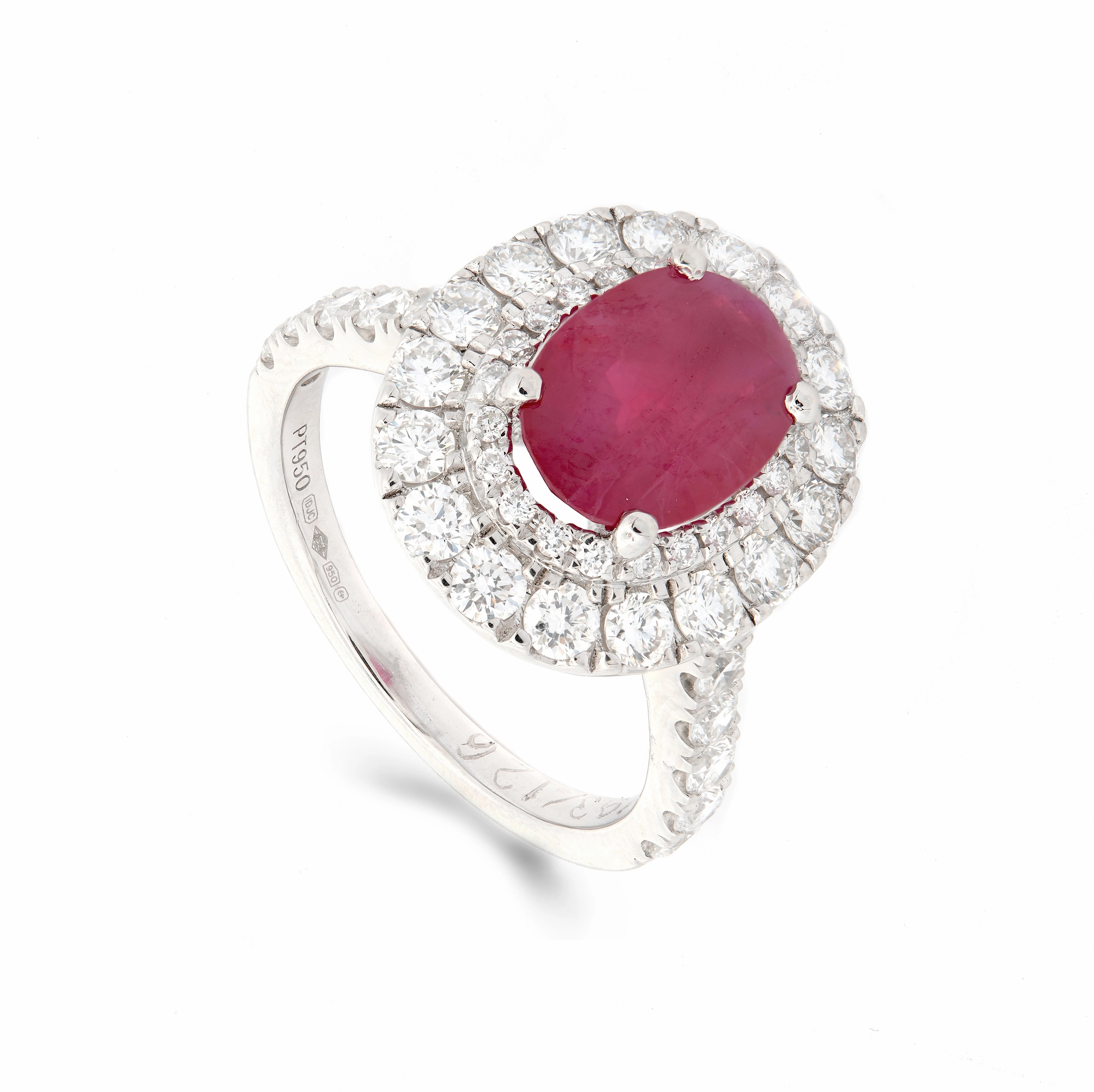 Platinum 1.93ct Oval Cut Ruby Ring With 1.26ct Double Diamond Halo And Diamond Set Shoulders