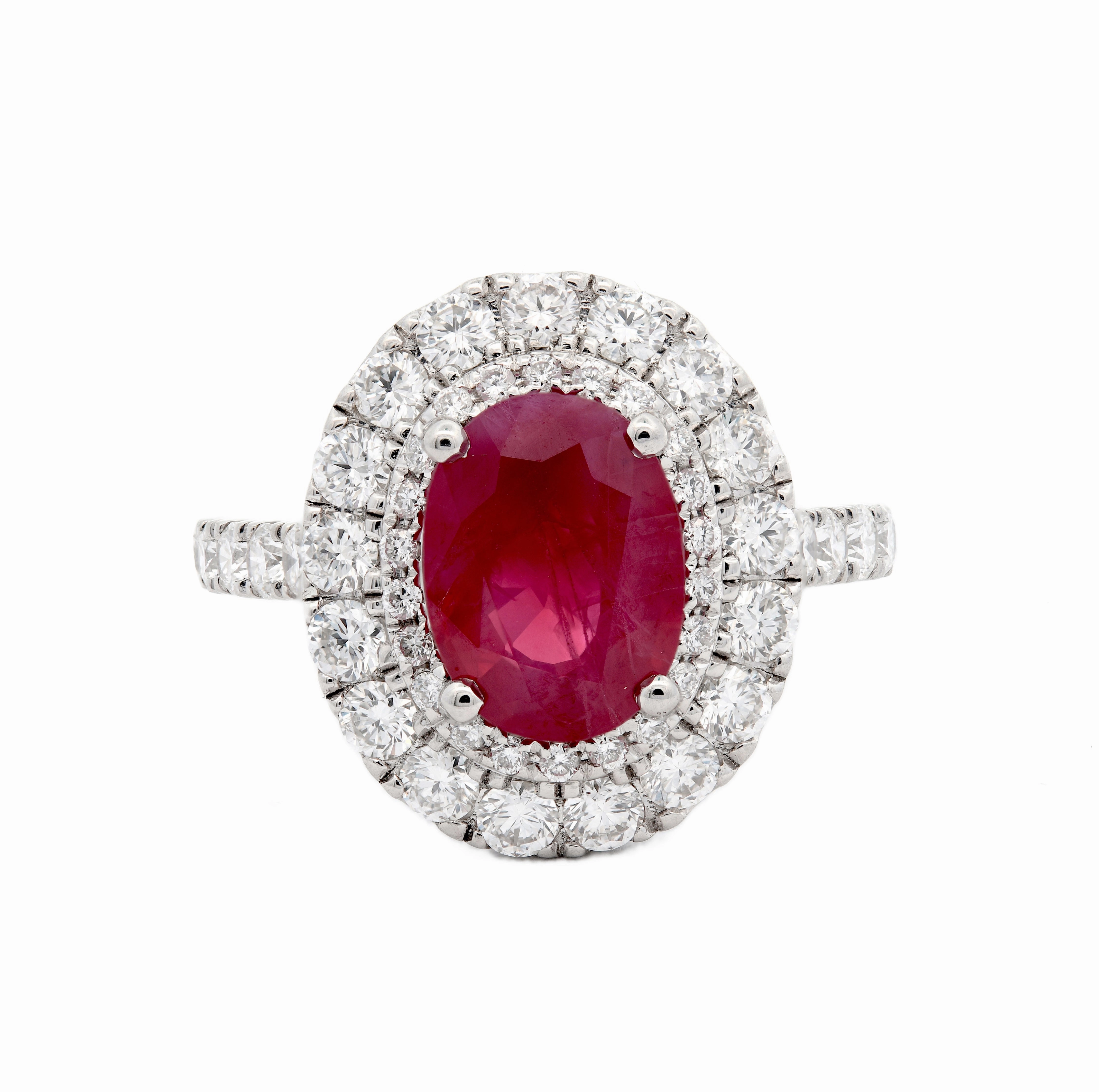 Platinum 1.93ct Oval Cut Ruby Ring With 1.26ct Double Diamond Halo And Diamond Set Shoulders
