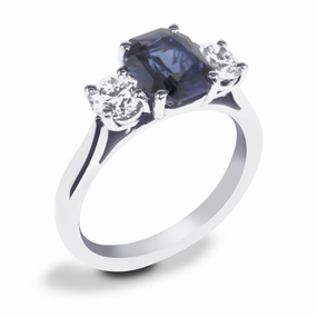 Platinum 1.96ct Radiant Cut Sapphire and 0.81ct Diamond Three Stone Engagement Ring
