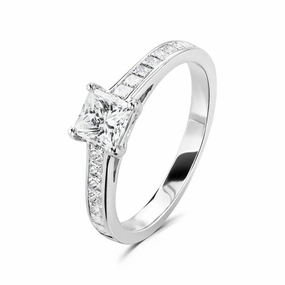 Platinum 4 claw set princess cut Diamond solitaire ring with princess cut Diamond shoulders