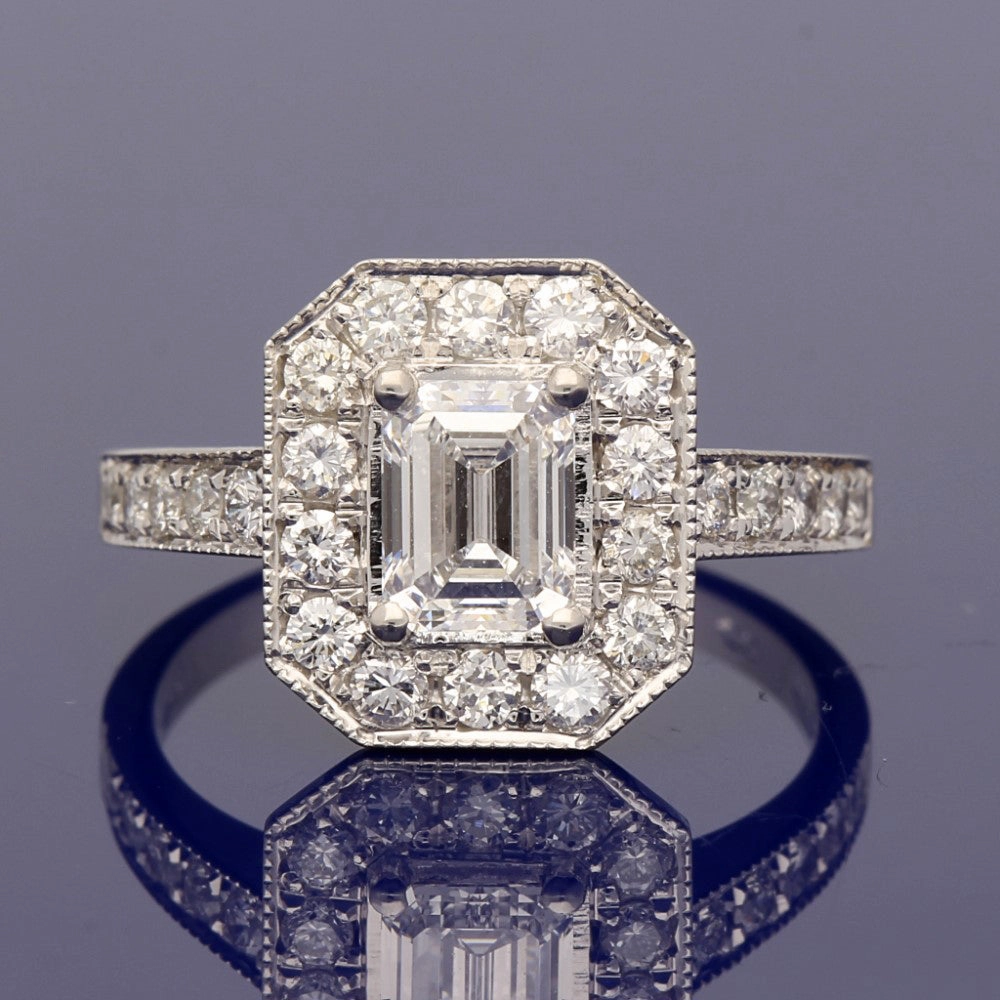 Platinum Art-Deco GIA Certificated Emerald Cut Diamond Cluster Ring