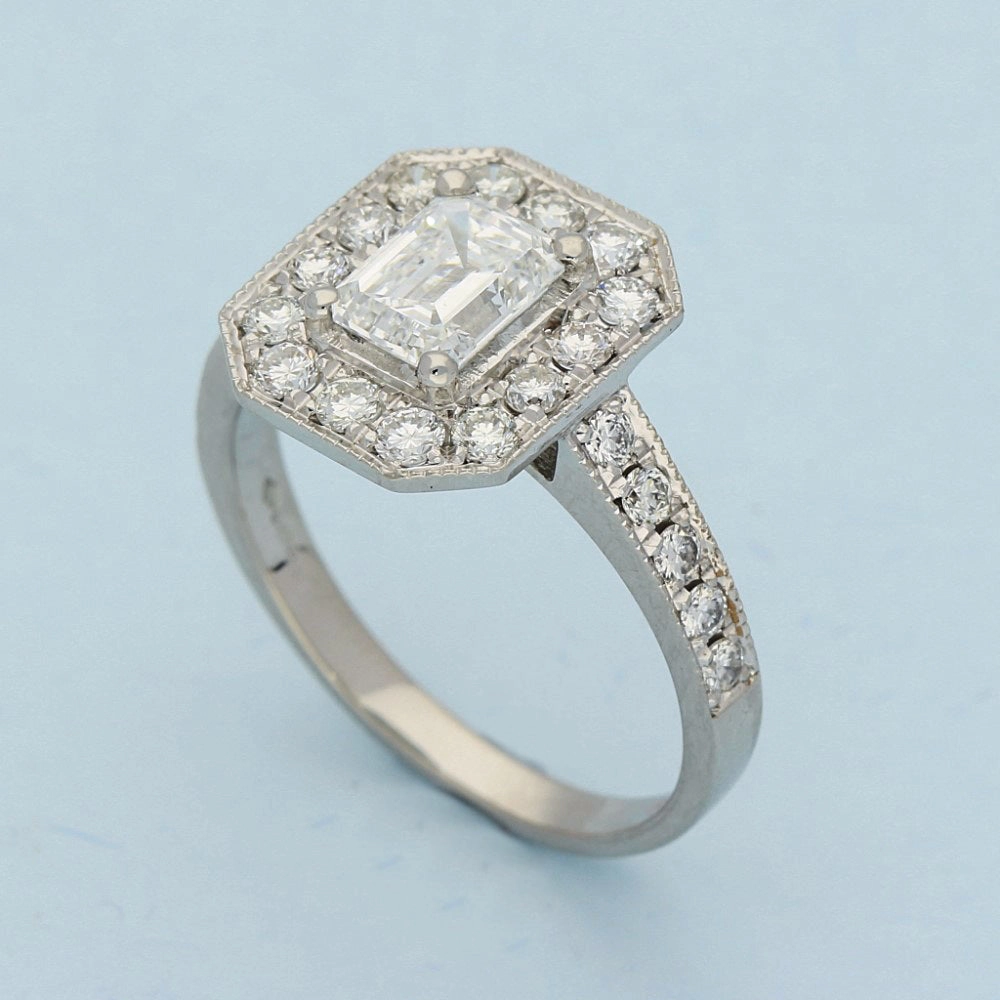 Platinum Art-Deco GIA Certificated Emerald Cut Diamond Cluster Ring