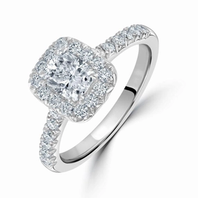 Platinum Cushion Cut Diamond Halo Ring with Diamond Shoulders