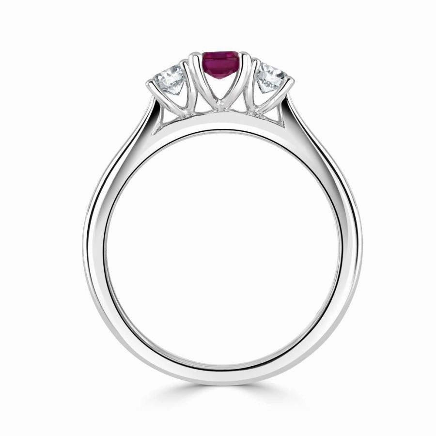 Platinum Cushion Cut Pink Sapphire & Round Brilliant Cut Diamond Trilogy Ring