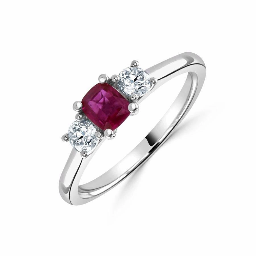 Platinum Cushion Cut Pink Sapphire & Round Brilliant Cut Diamond Trilogy Ring