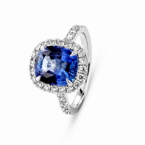 Platinum Cushion Cut Sapphire & Diamond Halo Cluster Ring with Diamond Shoulders