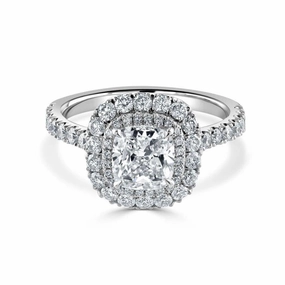 Platinum Cushion Shaped Diamond Double Halo Cluster Ring with Diamond Shoulders