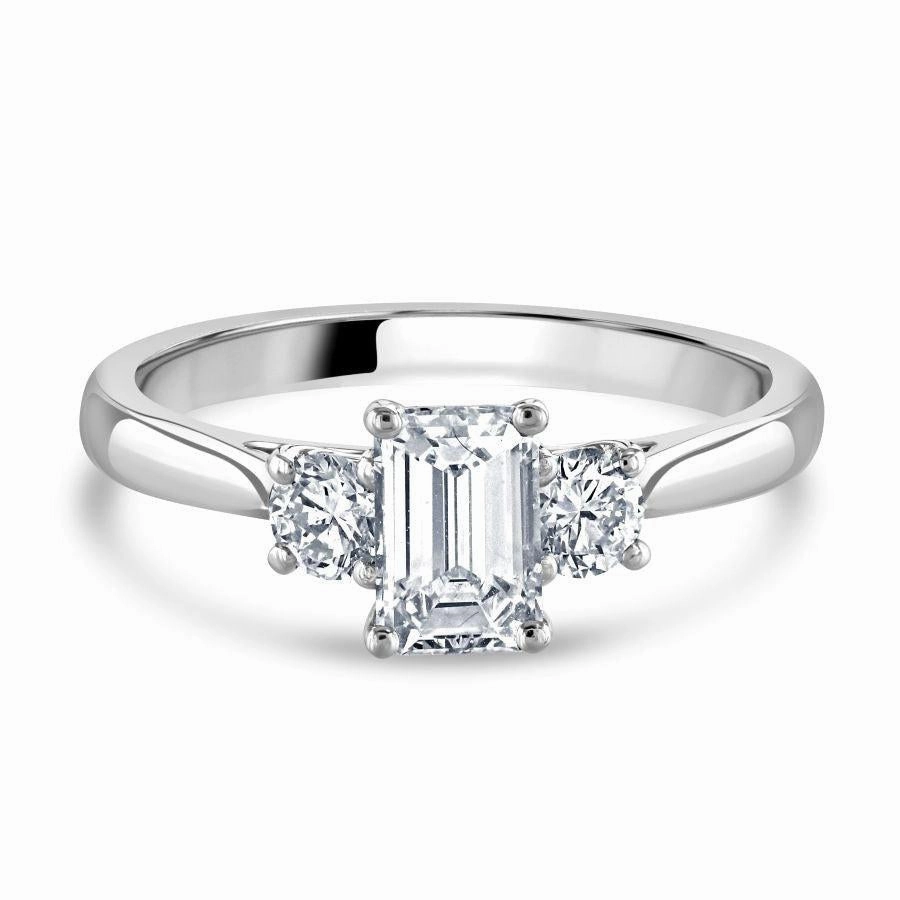 Platinum Emerald & Round Brilliant Cut Diamond Trilogy Ring