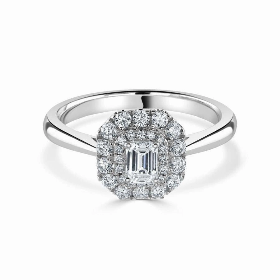 Platinum Emerald Cut Diamond Double Halo Cluster Ring