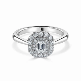 Platinum Emerald Cut Diamond Double Halo Cluster Ring