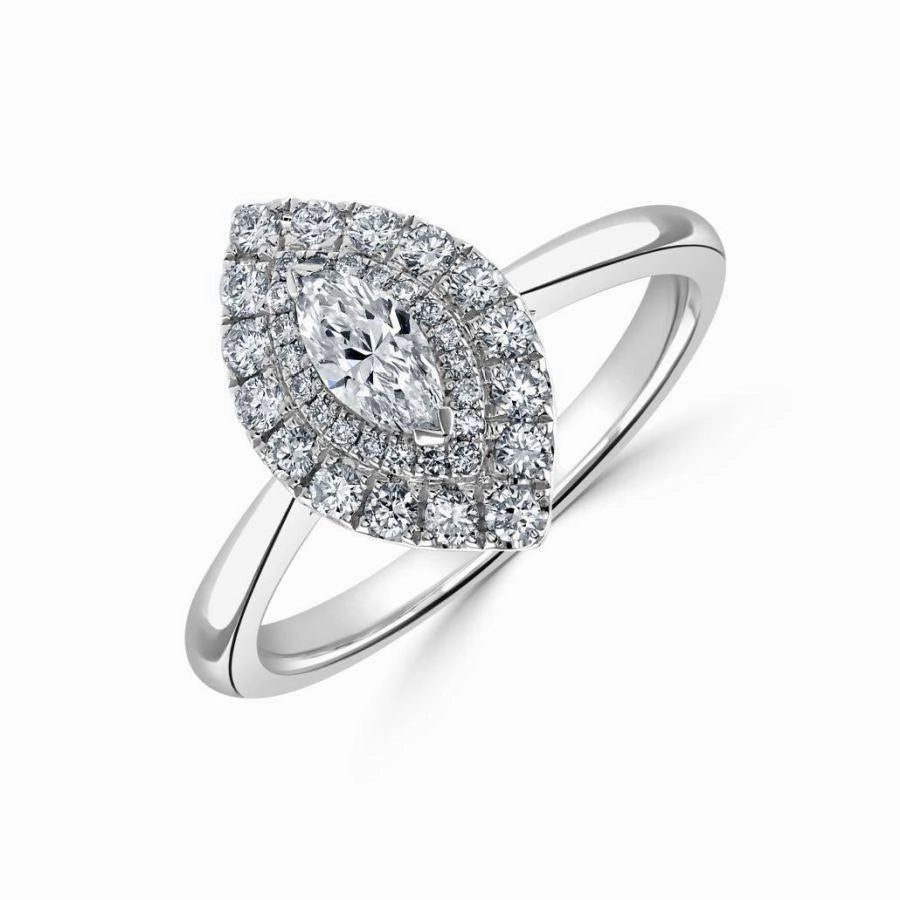 Platinum Marquise Shaped Diamond Double Halo Cluster Ring