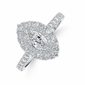 Platinum Marquise-Shaped Diamond Double Halo Cluster Ring with Diamond Shoulders