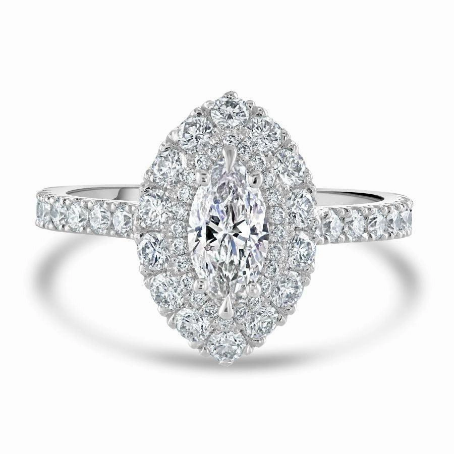 Platinum Marquise-Shaped Diamond Double Halo Cluster Ring with Diamond Shoulders