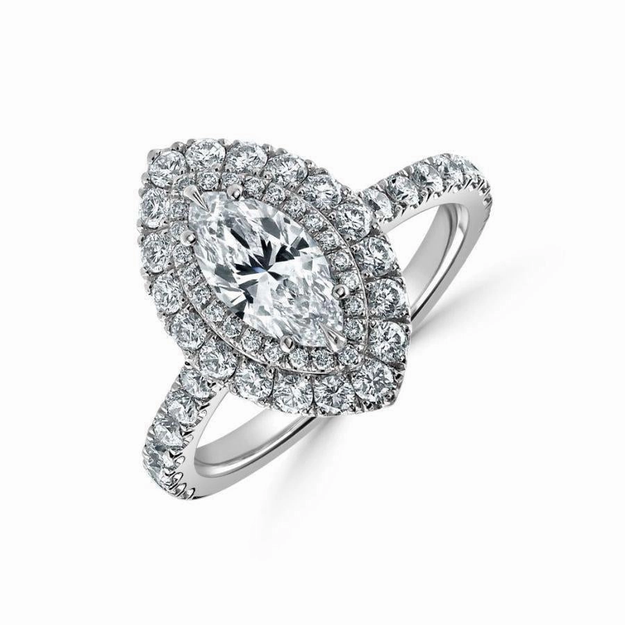 Platinum Marquise-Shaped Diamond Double Halo Cluster Ring with Diamond Shoulders