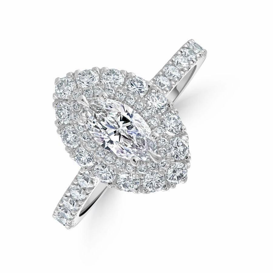 Platinum Marquise-Shaped Diamond Double Halo Cluster Ring with Diamond Shoulders