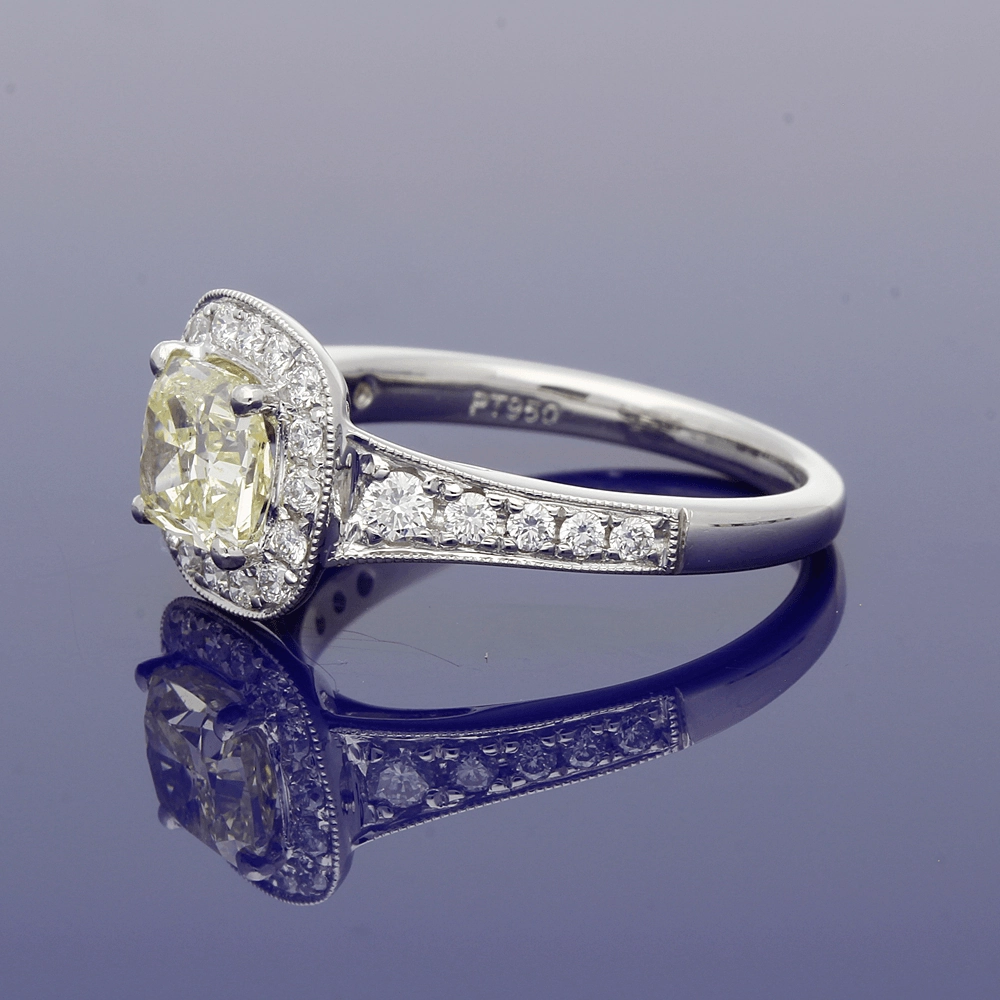 Platinum Natural Yellow & White Diamond Halo Cluster Ring