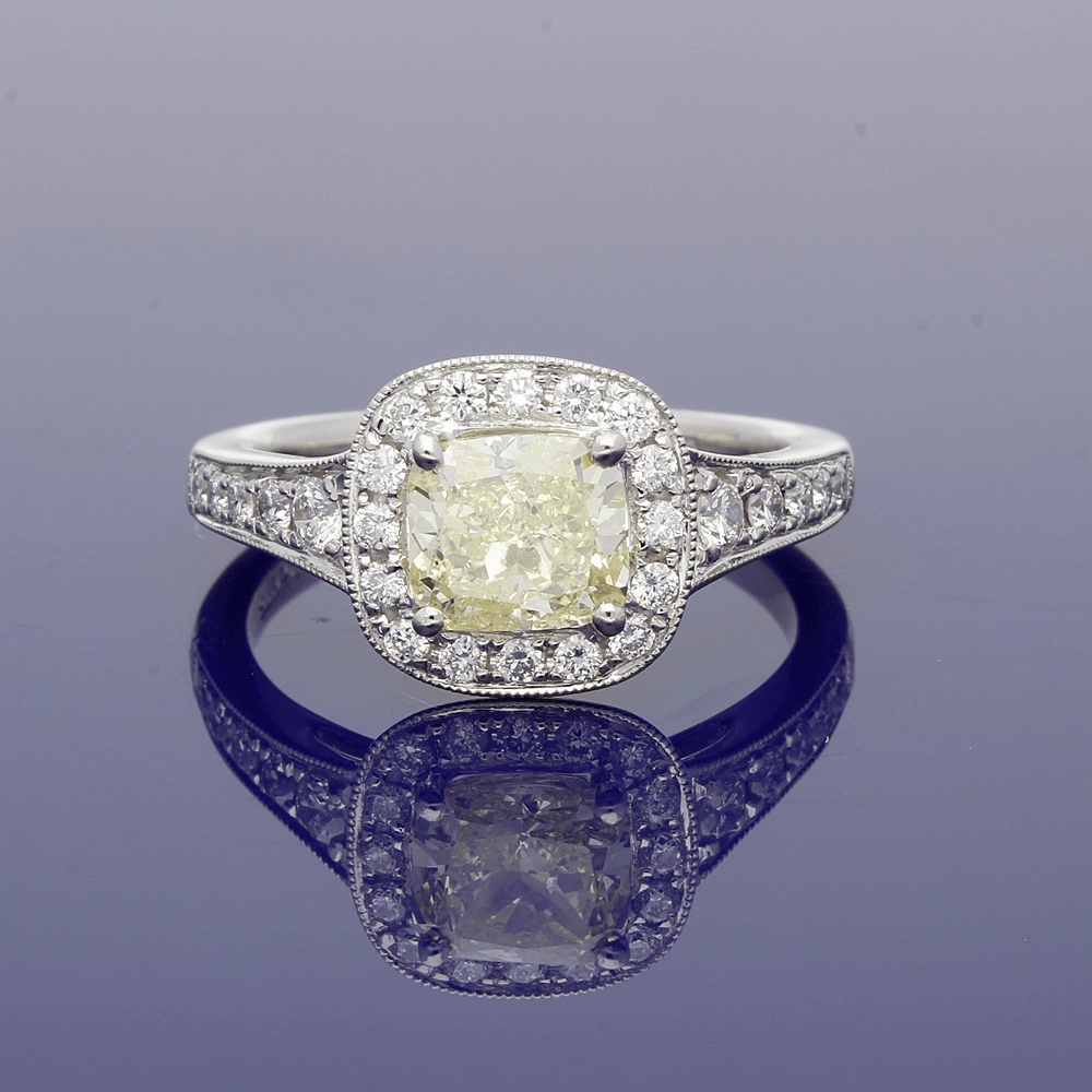 Platinum Natural Yellow & White Diamond Halo Cluster Ring