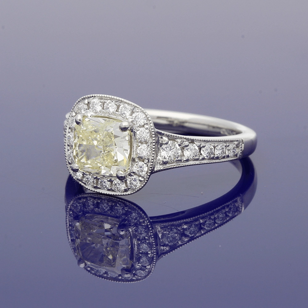 Platinum Natural Yellow & White Diamond Halo Cluster Ring