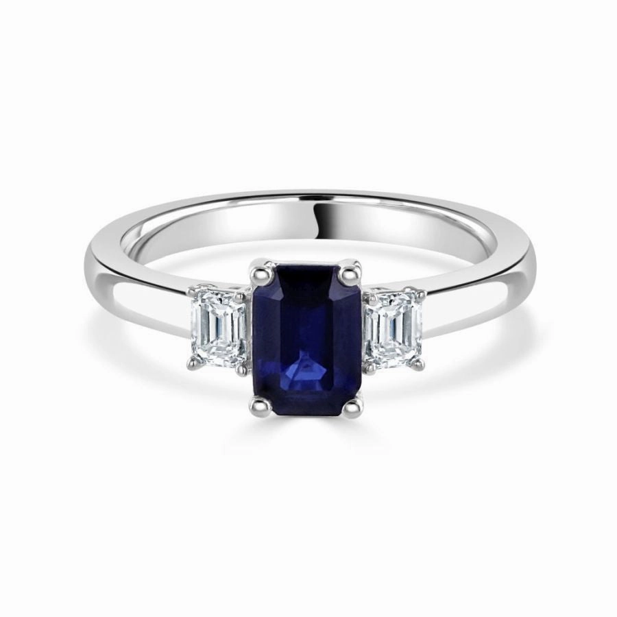 Platinum Octagonal Cut Sapphire & Diamond Trilogy Ring