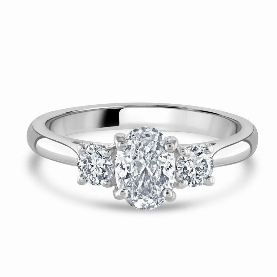 Platinum Oval Cut & 2-Round Brilliant Cut Diamond Trilogy Ring
