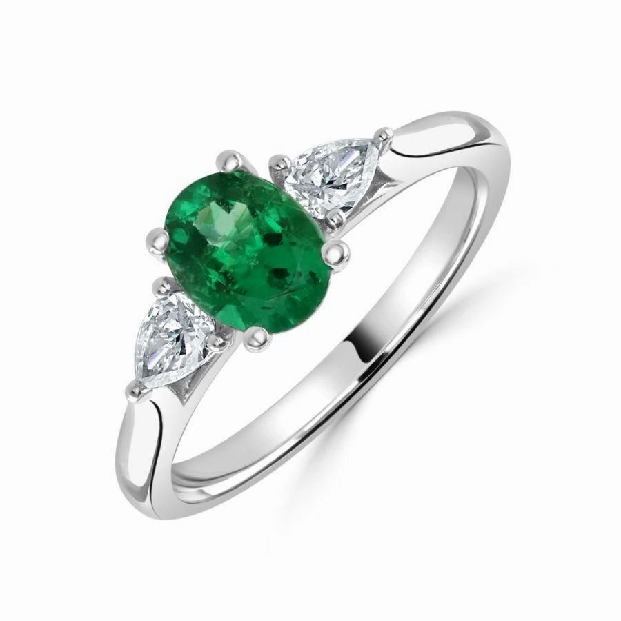 Platinum Oval Cut Emerald & Pear Cut Diamond Trilogy Ring