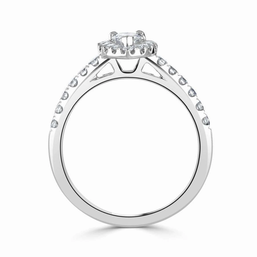 Platinum Pear Shaped Halo Cluster Ring with Diamond Shoulders