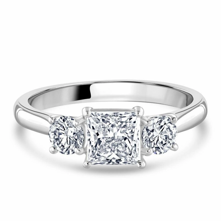 Platinum Princess Cut & 2-Round Brilliant Cut Diamond Trilogy Ring
