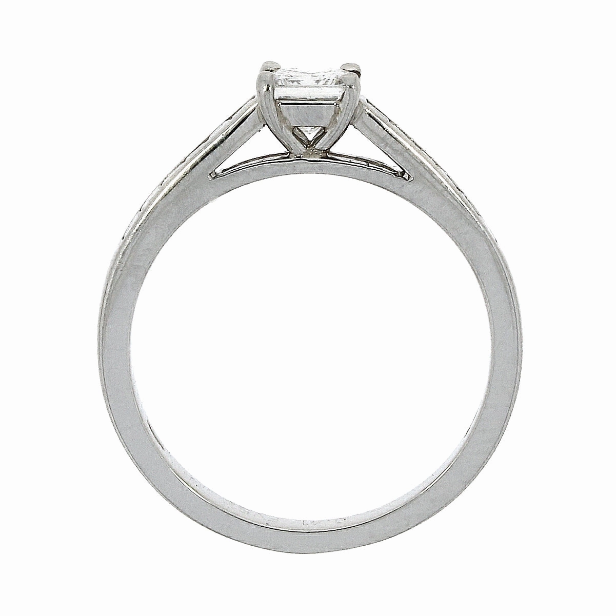 Platinum princess cut claw set diamond with channel set princess cut diamond shoulders ring